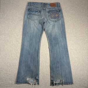 Vintage Martin Jeans Men's 36x32 Blue Distressed Embroidered Boot Cut Button Fly